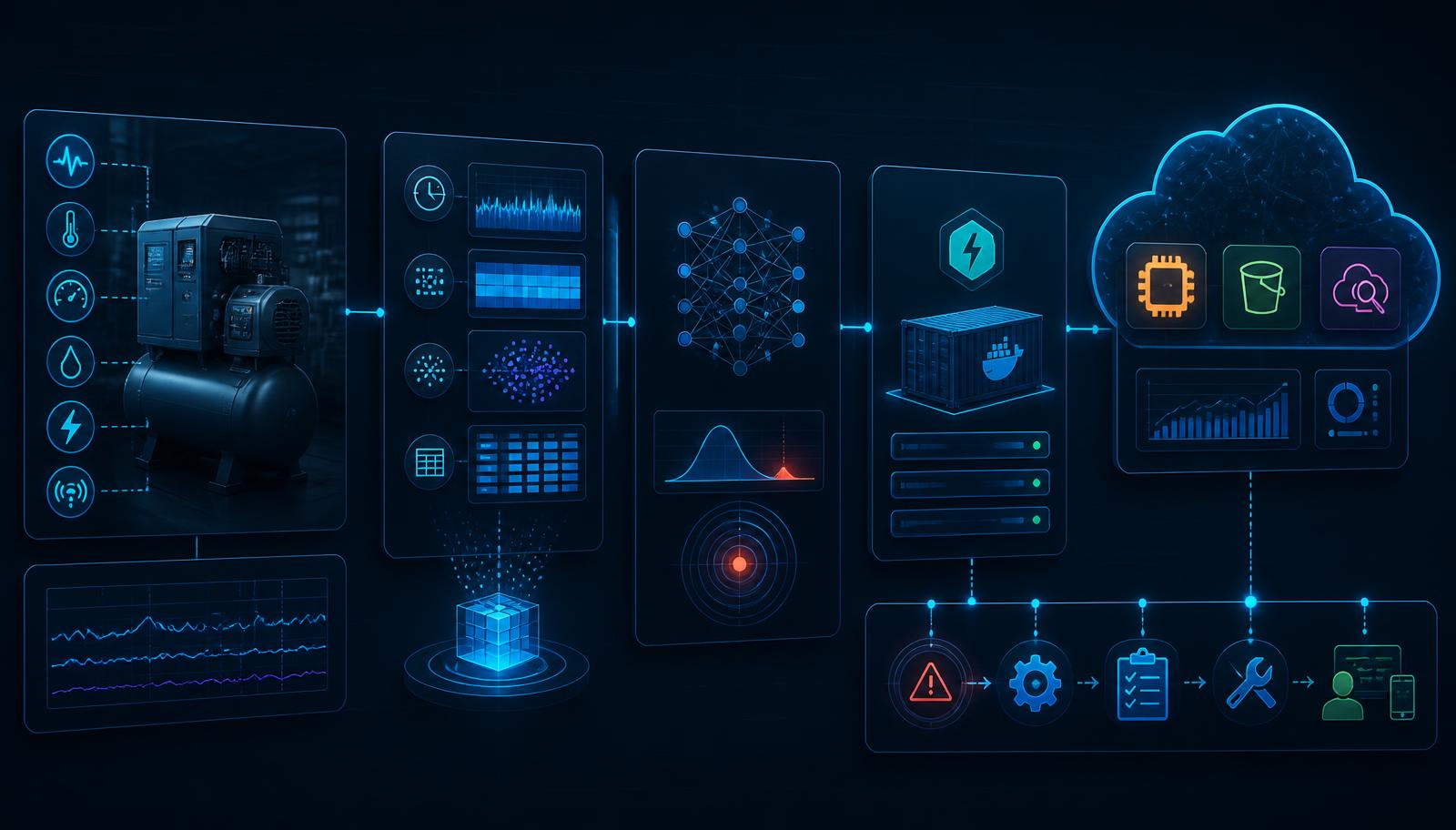 RailGuard AI system architecture: industrial sensors, time-series feature engineering, anomaly detection models, containerised FastAPI service on AWS and automated maintenance workflow